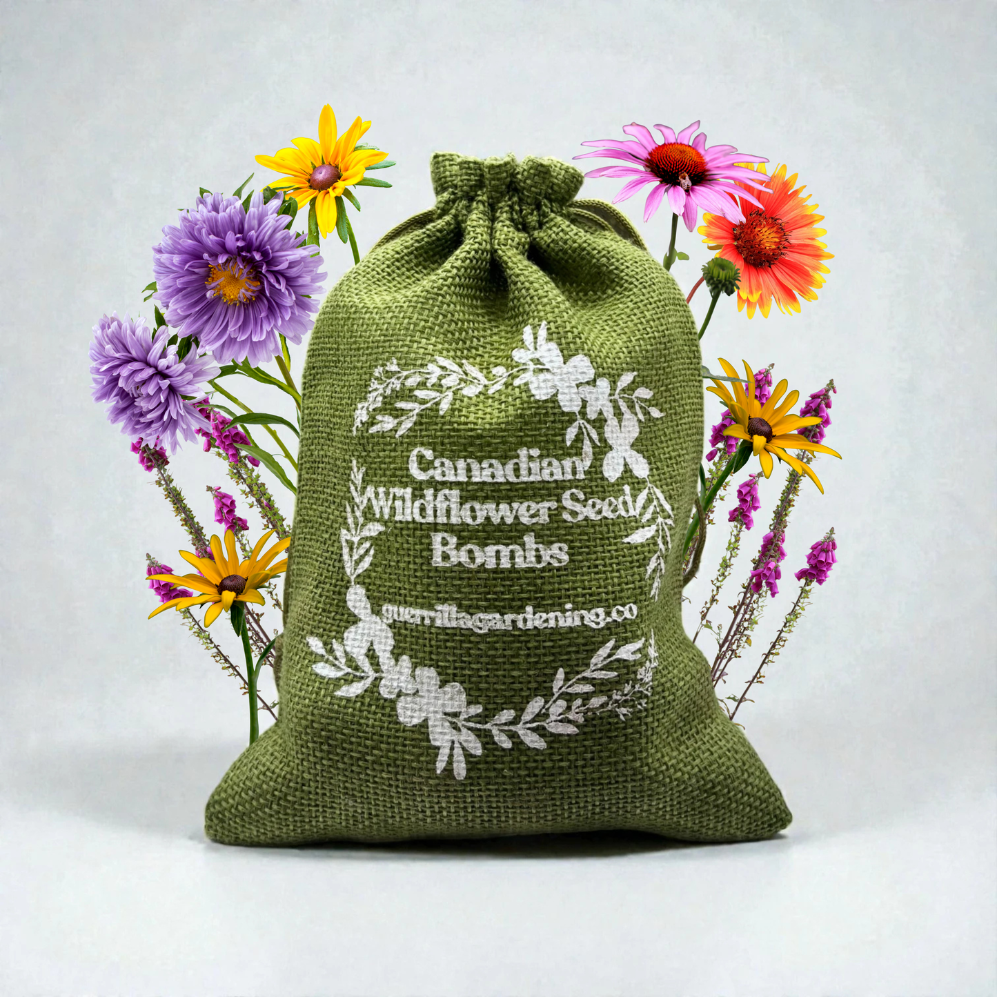 Green burlap bag containing wildflower seed bombs for the Great Lakes region. Surrounded by purple asters and yellow coneflowers, a native mix for Ontario and southern Canada.