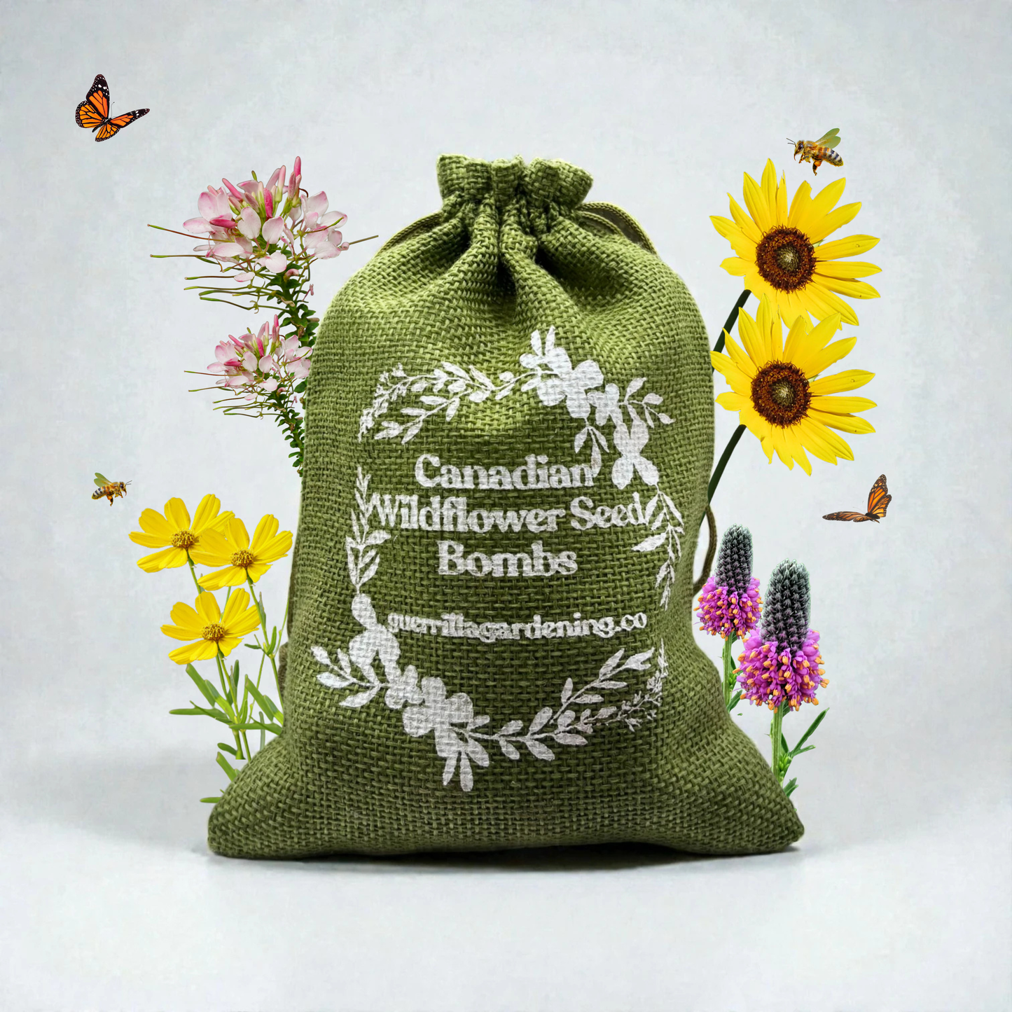 Green burlap bag containing the ‘Prairie Wildflower’ mix (Canadian prairies). Surrounded by sunflowers, purple clover, and a monarch butterfly, seed bombs to attract pollinators.